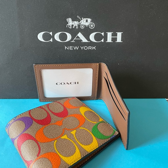 NWT Coach 3 In 1 Wallet In Rainbow Signature Canvas Gunmetal/Khaki Multi - Picture 3 of 8